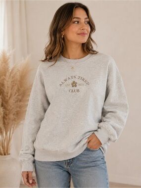 Always Tired Club Embroidered Grey Sweatshirt M